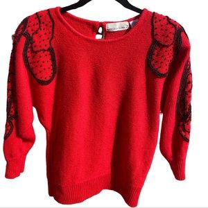 Vintage David Benjamin Red Sweater with beaded shoulders Size Medium